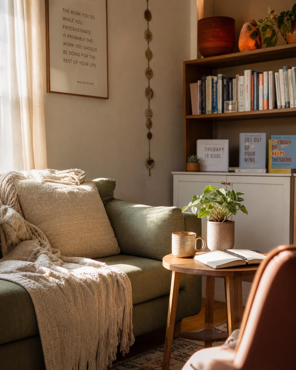 Calm, warm workspace representing the practice